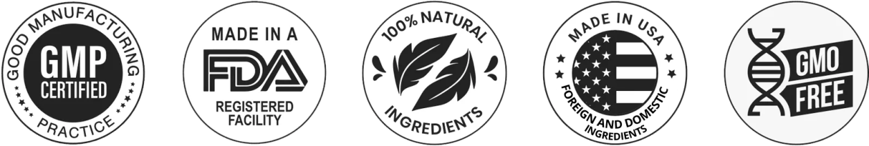 ZenCortex certifications — Made in USA, GMP Certified, FDA Registered, 100% Natural, Non-GMO